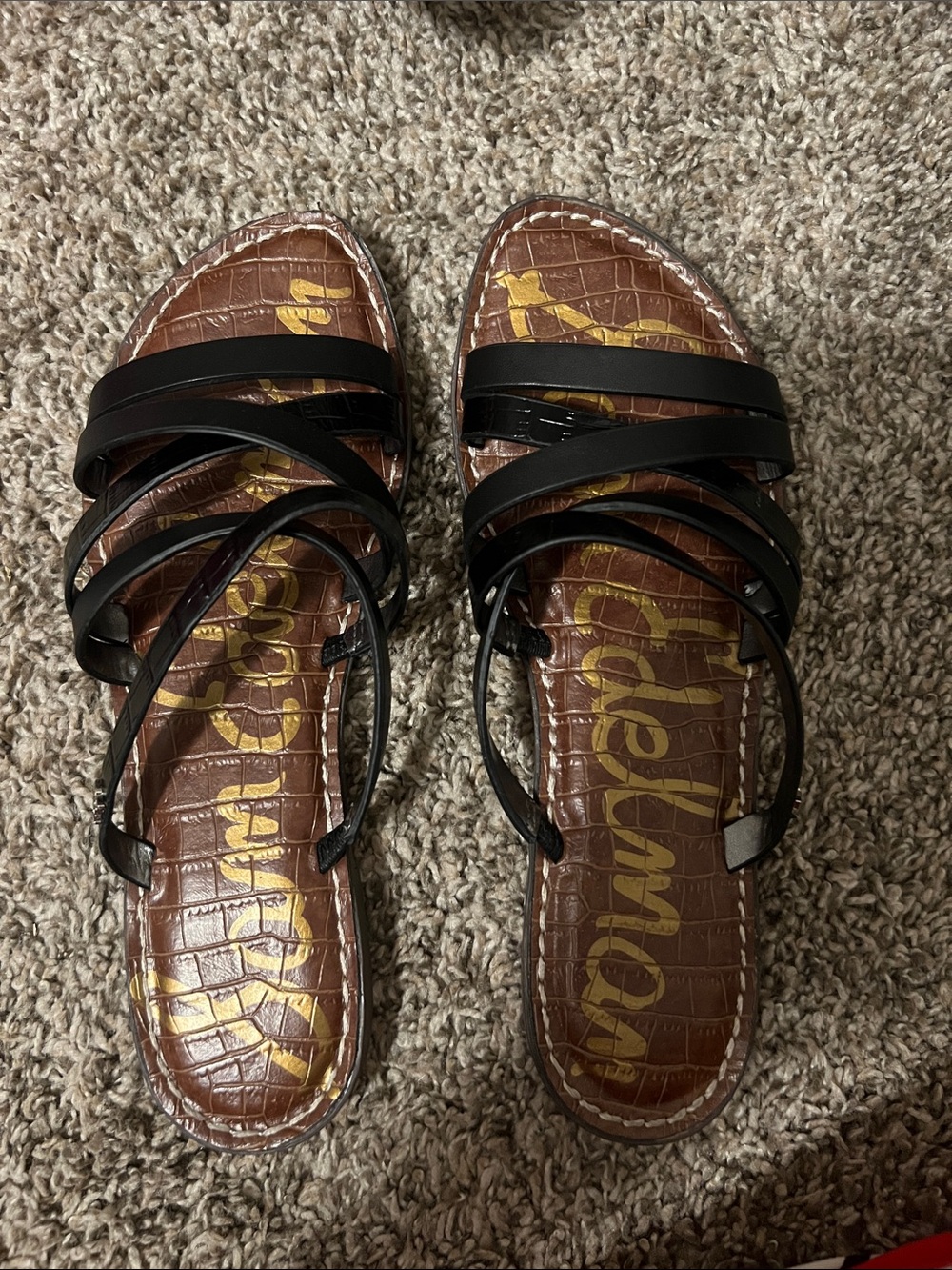 Sam Edelman Black Strappy Sandals with Brown Croc-Textured Footbed